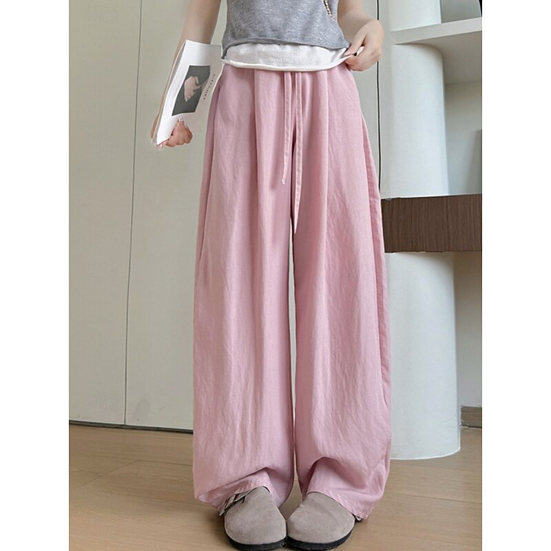 Women's Wide Leg Chinos Basic Casual Full Length High Waist Plain Pocket Elastic Waistband Comfy Soft Comfortable Stretchy Outdoor Street Black Pink Navy Blue Coffee Summer Spring Regular Fit4