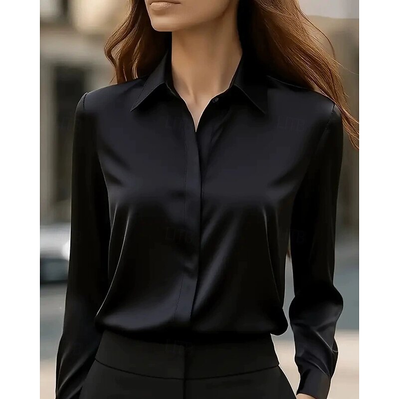 Women's Work Shirt Blouse Plain Modern Casual Long Sleeve Shirt Collar Regular Tops Daily Holiday Buttons Black White Blue Gray Fall2