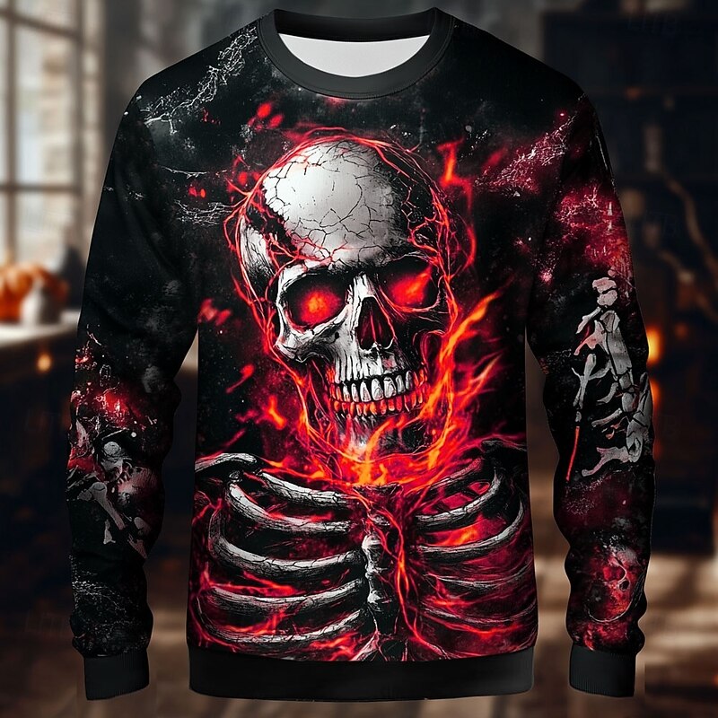 Halloween Day of the Dead Skull Men's Reaper Sweatshirt Punk Party Long Sleeve Crew Neck Vacation Red Blue Crewneck 3D All Seasons Designer4