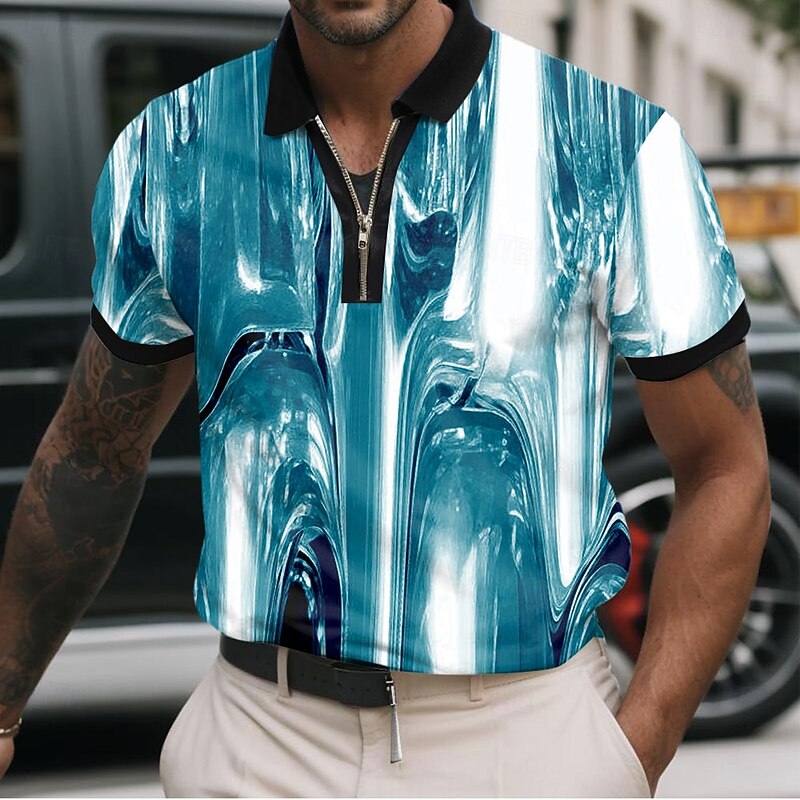 Men's Abstract Metallic Zip Polo Shirts Short Sleeve Polo Shirts Collared Shirts Casual Athleisure Daily Wear 3D Print Summer Red Blue Purple2
