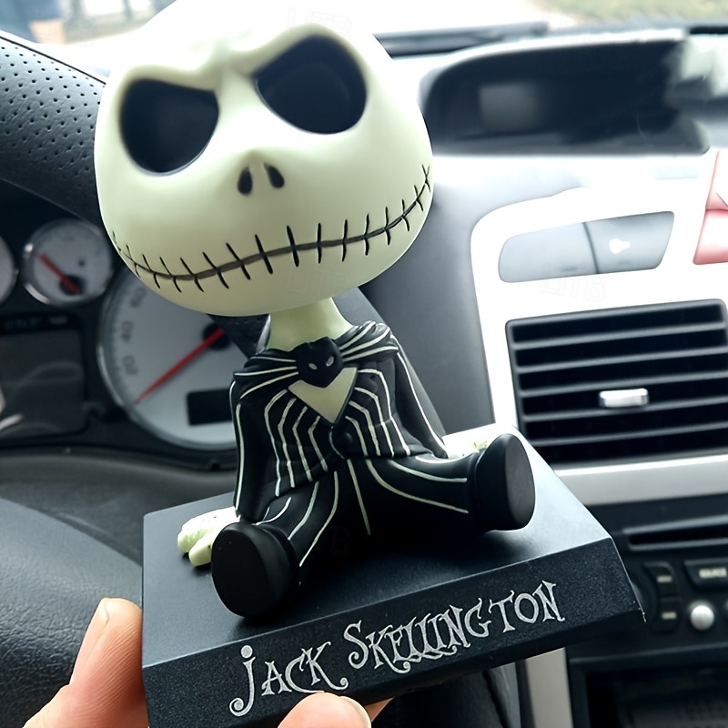Jack Skellington Bubble Head Doll Car Decor - Halloween Skeleton Desk Ornament with Stand Non-Electric-Moviethemed Decor  Skeleton Figure  Collectible Item Halloween Car Accessories3