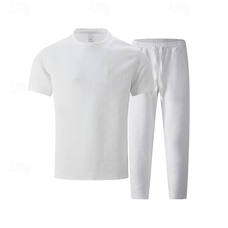 Men's T-shirt Suits Shirt and Pant Sets 2 Pieces Outfits Short Sleeve Crewneck Summer Spring Plain Fashion Casual 2 Piece Vacation Daily Wear Going out Black White Khaki Top Tee for Men2