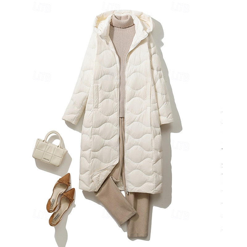 Women's Down Jacket Coat Warm Comfortable Zipper Pocket Casual Plain Outdoor Vacation Holiday Going out Zipper Long Hooded Regular Fit Long Sleeve Outerwear Light Blue White Purple Fall Winter3