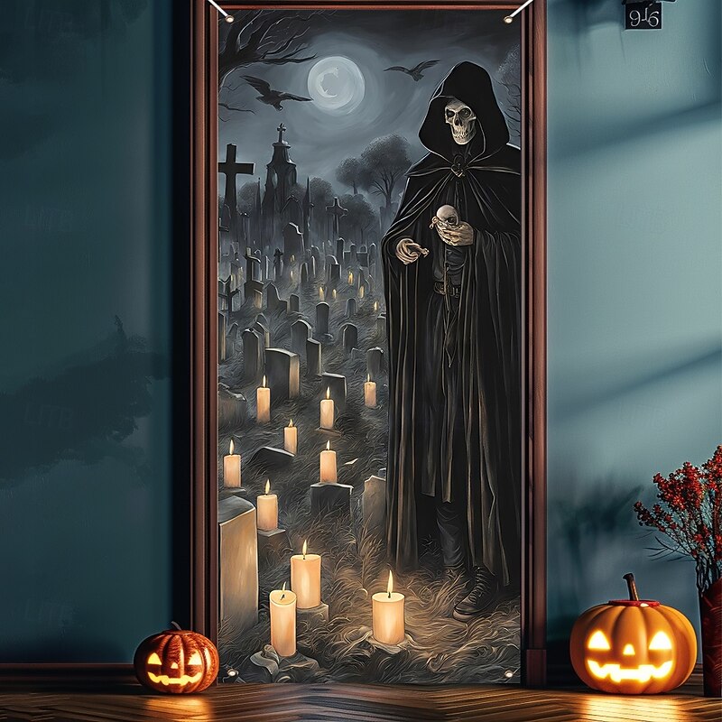 Halloween Door Cover Outdoor Banners Skeleton Grim Reaper Cemetery Psychedelic Dark Punk Gothic Style Party Outdoor Shooting Backgrounds Front Door Wall Porch Home Decor2