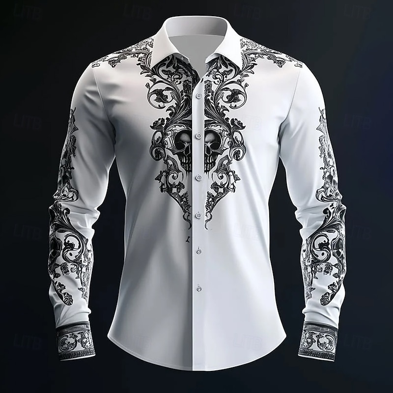 Halloween Men's Floral Print Halloween Costumes Flowers Shirt Button Up Shirt Casual Dress Shirt Long Sleeve Dark Gothic Style Holiday Summer Spring Turndown 3D Print Collared Shirts White