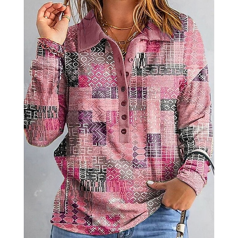 Women's Shirt Geometric Daily Stylish Basic Long Sleeve Shirt Collar Regular Tops Work Daily Holiday Buttons Print Pink Sky Blue Purple Green Khaki Spring Fall3