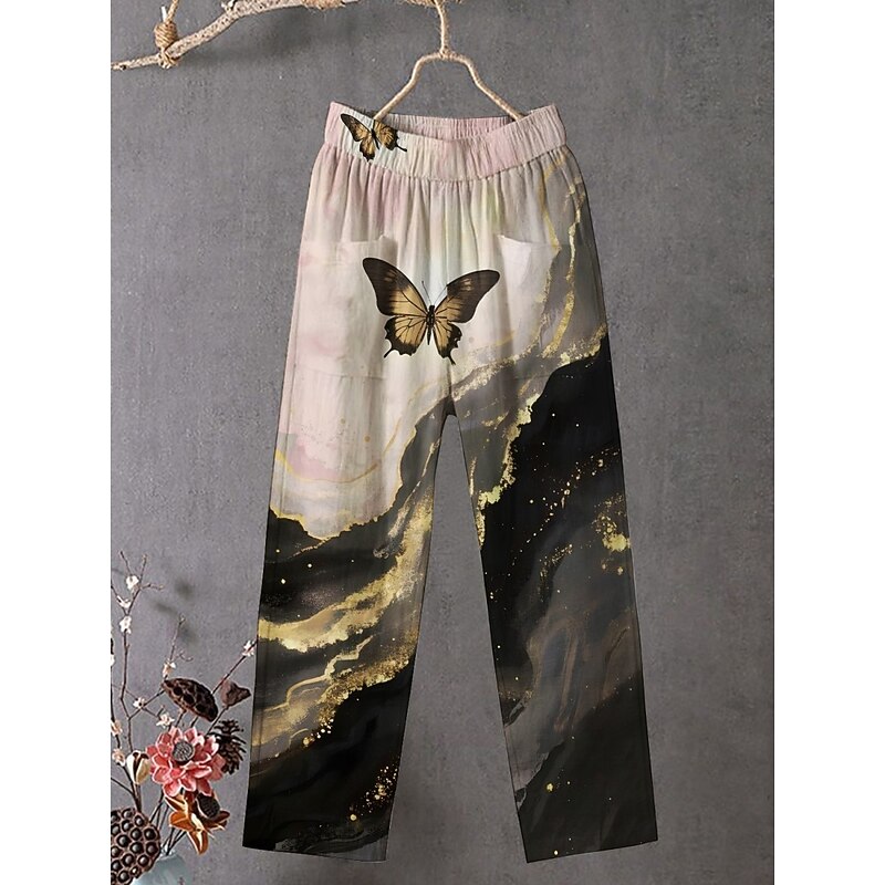 Women's Chinos Pants Trousers Streetwear Casual Full Length High Waist Butterfly Elastic Waist Print Breathability Comfortable Stretchy Vacation Street Daily Wear Khaki Summer Spring Fall Regular Fit