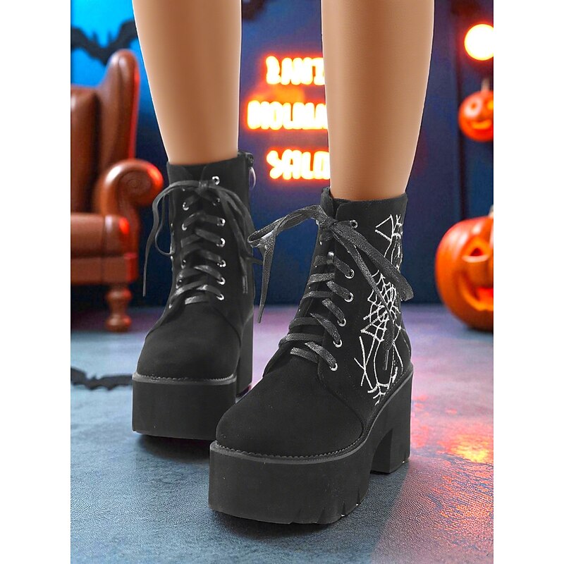 Women's Black Platform Combat Boots with Spider Web Embroidery - Gothic Lace-Up Chunky Heel Ankle Boots for Halloween Party, Cosplay and Night Out3