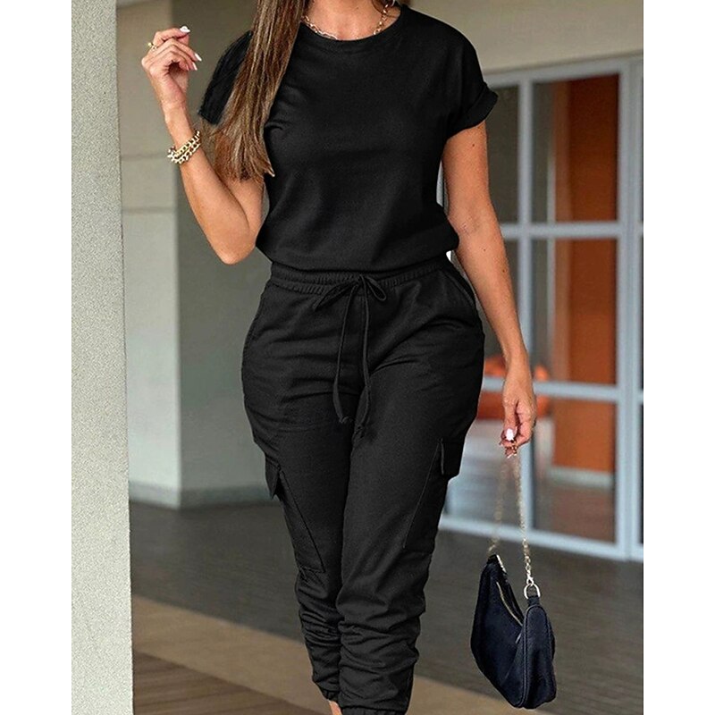 Women's Normal Jumpsuit Streetwear Solid Color Short Sleeve Crew Neck Drawstring Pocket Street Daily Regular Fit Black Light Green Pink Fall3