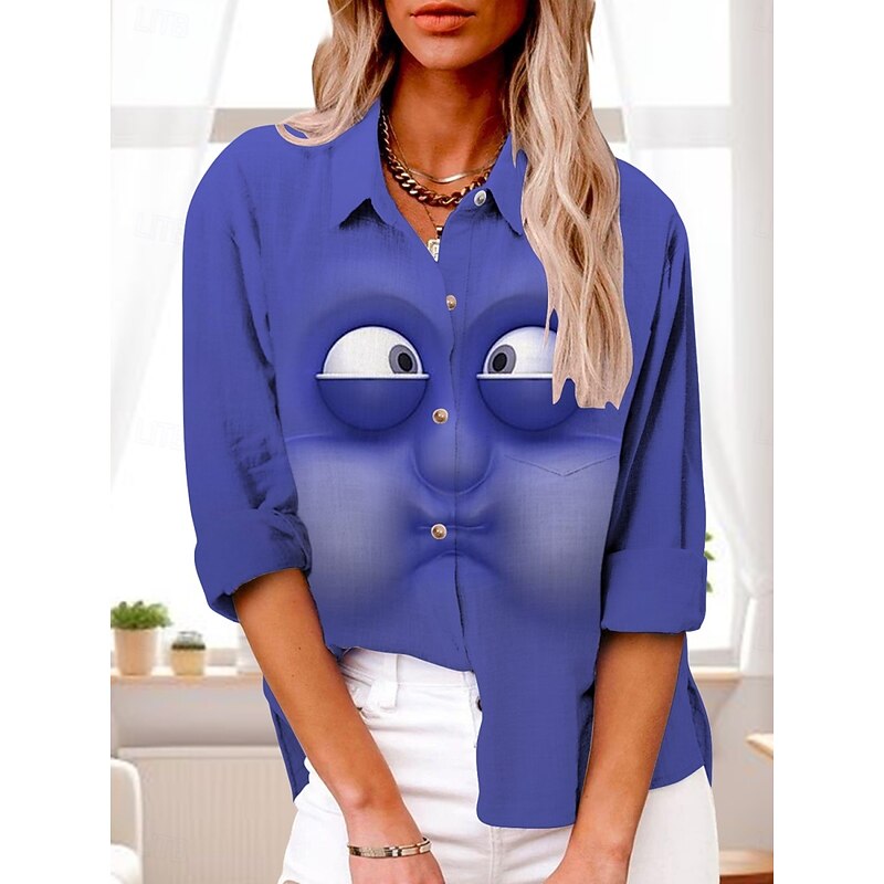 Women's Cartoon Funny Smile Face Shirt Long Sleeve Shirt Collar Regular Tops Daily Holiday Buttons Print Black And White Black Yellow Pink Red Summer Spring Fall3