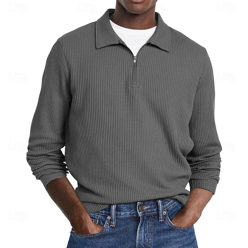 Men's Waffle Polo Shirts Street Casual Zip Lapel Long Sleeve Basic Modern Plain Textured Buttons Spring Fall Black White Red Navy Blue Purple Brown Waffle Polo Shirts3