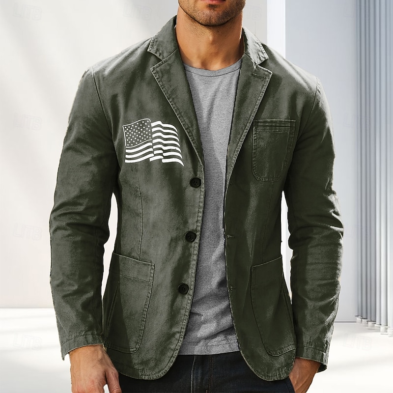 Men's Print US Flag Blazer Cotton Suit Jacket Suits Coat Casual Outdoor Dailywear Multiple Pockets Three Button Stripe Lined Suit Jacket Fall Winter Notch lapel collar Long Sleeve Black khaki Army