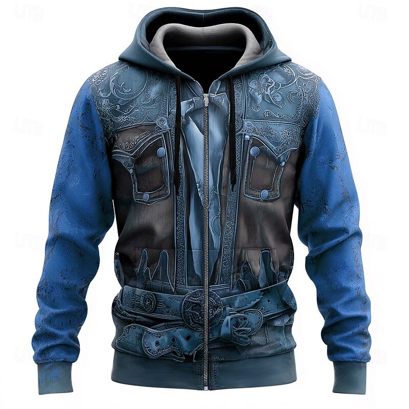 Men's Cowboy Costume Hoodie Jacket Sweatshirt Western Cowboy All Over Print Zip Vacation Streetwear Yellow Blue Zipper Fall Winter Designer2
