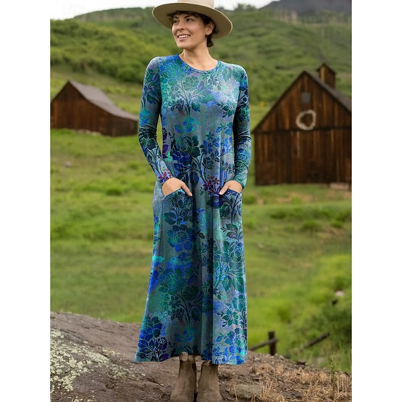 Women's Maxi Dress Sheath Dress T Shirt Dress Tee Dress Vacation Casual Daily Going out Loose Fit Floral Graphic Long Sleeve Crew Neck Red Blue Purple Green Spring Fall Winter2