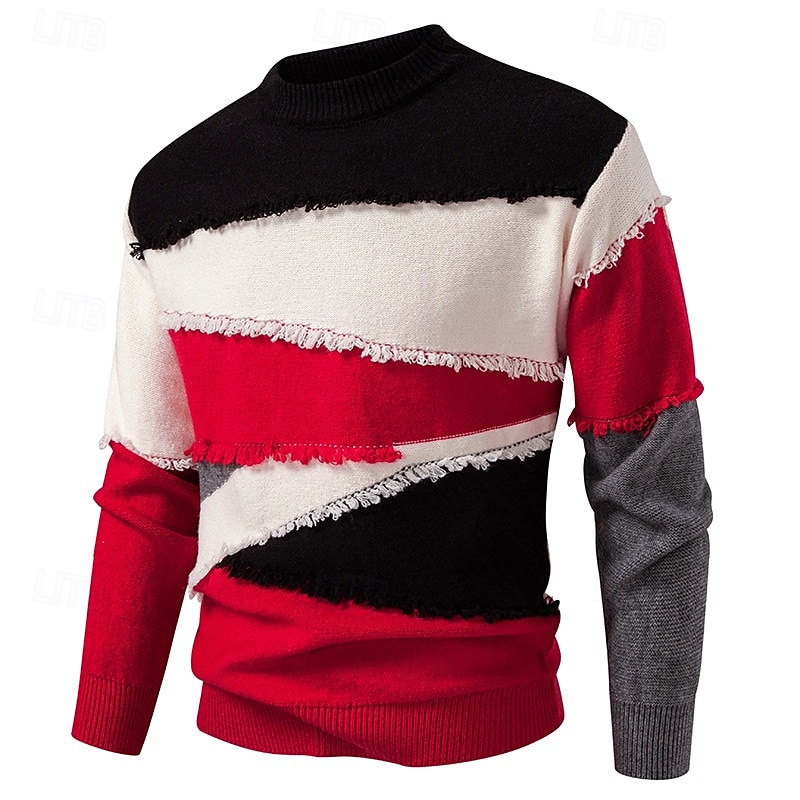 Men's Pullover Sweater Jumper Knit Sweater Ribbed Knit Regular Tops Knitted Patchwork Crew Neck Fashion Basic Vacation Daily Wear Clothing Apparel Winter Yellow Red S M L3