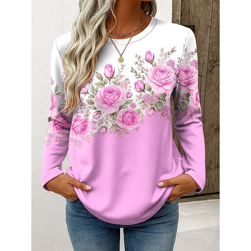 Women's T Shirt Floral Graphic Plants Vintage Stylish Classic Long Sleeve Crew Neck Regular Tops Daily Weekend Print Pink Blue Purple Green Spring Fall4