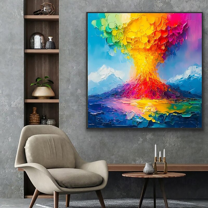 Red Yellow Blue Knife Painting Handmade Oil Painting Modern Abstract on Canvas Wall Art Decoration Mount Fuji Volcanic Eruption Landscape for Home Decor No Frame4