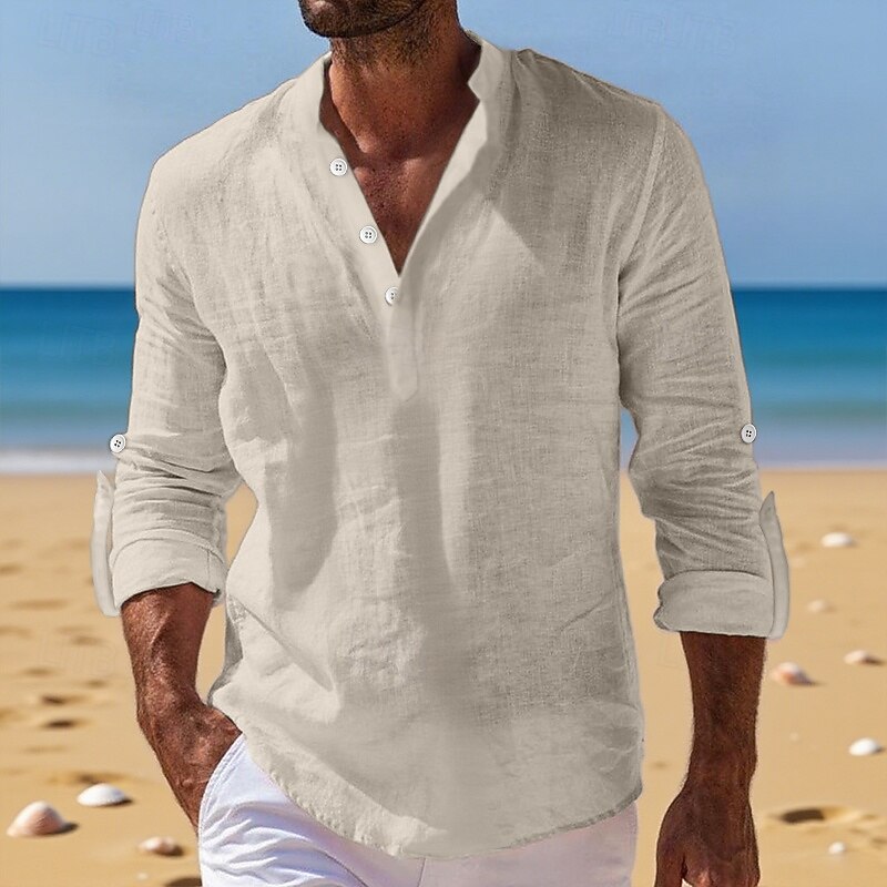 Men's Linen Shirt Band Collar Shirt Popover Shirt Casual Shirt Beach Shirt Plain Vacation Holiday Black White Pink Orange Long Sleeve Henley Summer Spring & Summer Clothing Apparel4