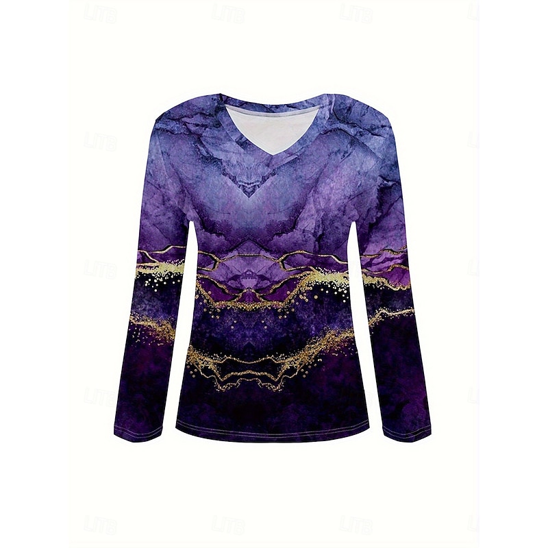 Women's T Shirt Graphic Marble Vintage Stylish Classic Long Sleeve V Neck Regular Tops Daily Print Purple Spring Fall Winter3