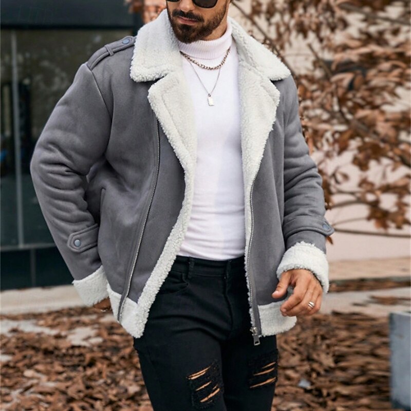 Men's Winter Jacket Fleece Jacket Sherpa Jacket Vacation Daily Windproof Warm Pocket Fall Winter Plain Fashion Classic Lapel Regular Faux Leather Gray Jacket3