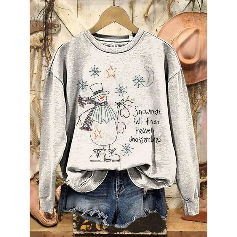 Women's Pullover Graphic Snowman Casual Long Sleeve Crew Neck Regular Tops Street Dailywear Casual Print White Red Green Beige Fall Winter4