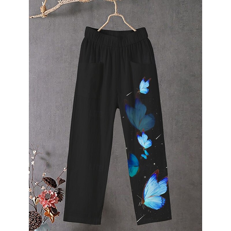 Women's Chinos Pants Trousers Streetwear Casual Full Length High Waist Butterfly Elastic Waist Print Breathability Comfortable Stretchy Vacation Street Daily Wear Black Summer Spring Fall Regular Fit