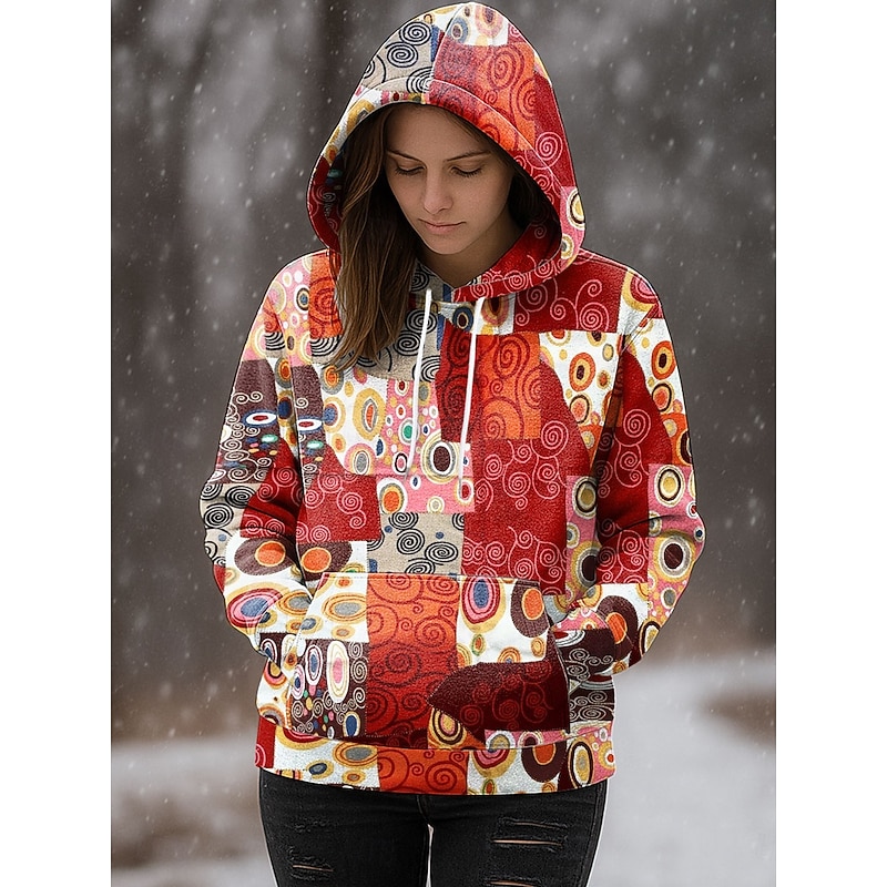 Women's Pullover Hoodie Sweatshirt Graphic Geometric Abstract Casual Long Sleeve Hooded Regular Tops Party Evening Wear Street Dailywear Patchwork Yellow Red Blue Purple Green Spring Fall Winter
