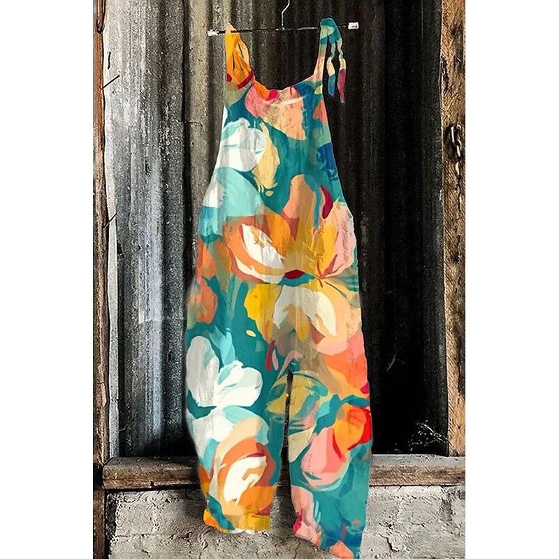 Women's Jumpsuit Vacation Vintage Ethnic Style Full Length Mid Waist Floral Graphic Animal Breathability Lightweight Soft Inelastic Formal Vacation Street Blue Red Green Summer Spring2