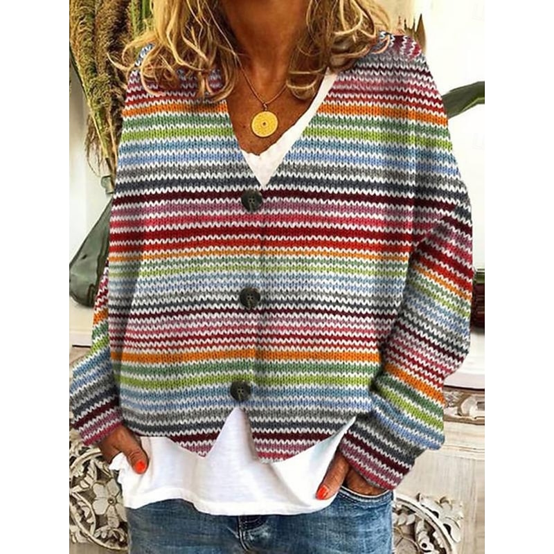 Women's Cardigan Sweater Knitted Ribbed Button Front V Neck Long Sleeve Lightweight Elegant Fashion Streetwear Floral Graphic Geometric Patchwork Buttons Knit Outdoor Daily Weekend Fall Winter2