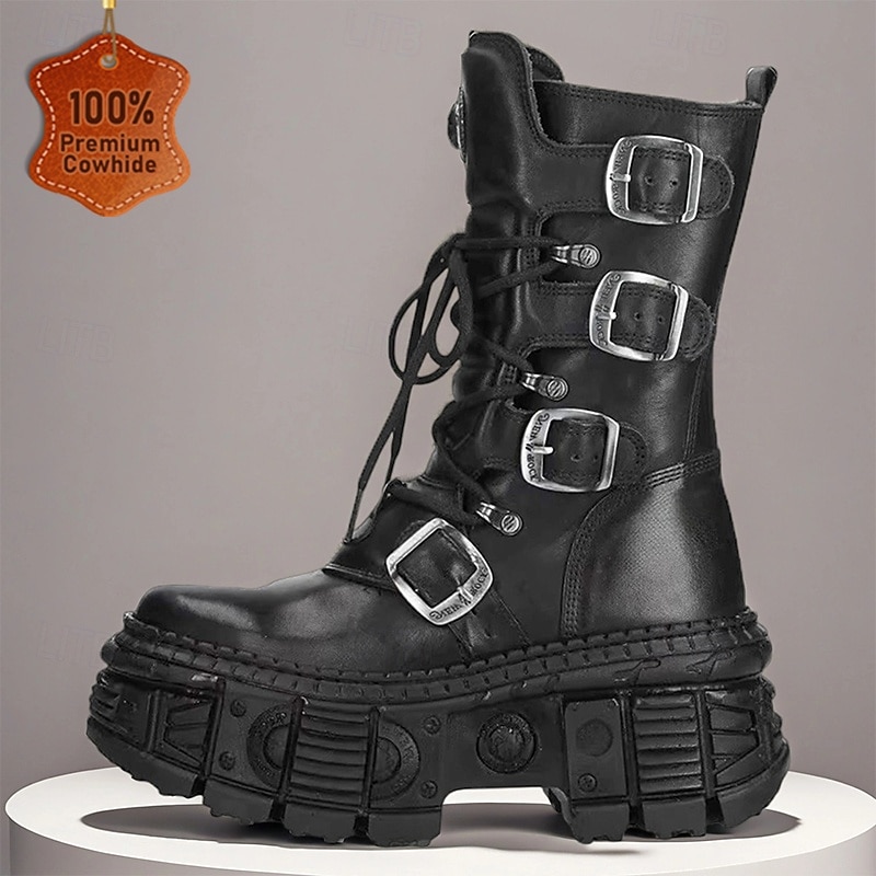 Men's Gothic Punk Combat Boots, Genuine Cowhide Leather with Buckle Straps and Chunky Platform Sole, Alternative Fashion Footwear for Parties, Festivals and Streetwear
