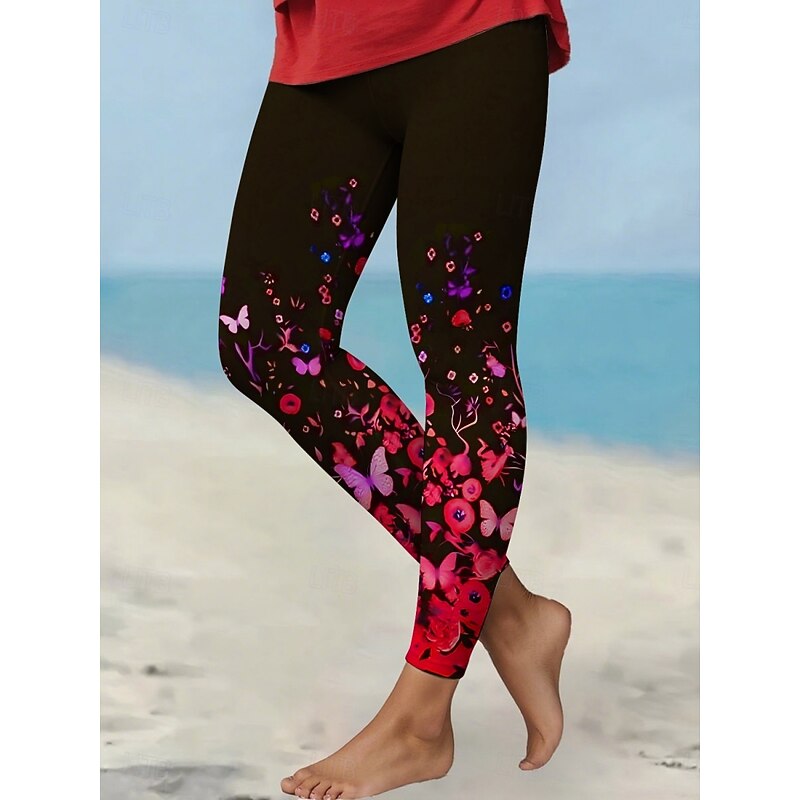 Women's Pants Trousers Leggings Streetwear Casual Full Length High Waist Floral Elastic Waist Print Breathability Comfortable Stretchy Vacation Street Daily Wear Yellow Red Purple Fuchsia Summer2