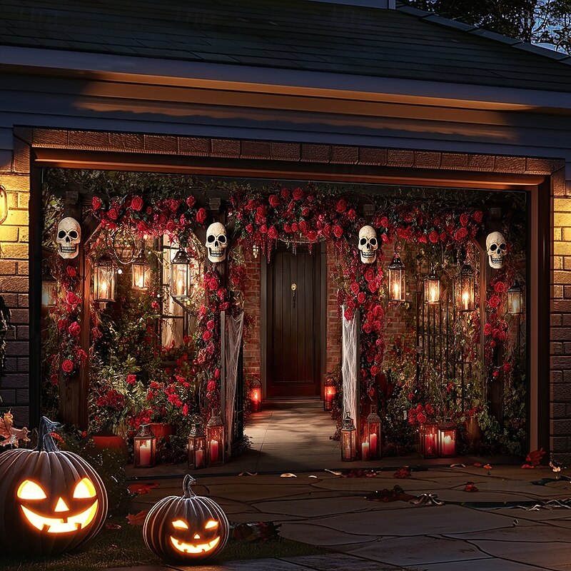 Halloween Garage Door Cover Large Hanging Backdrop Skeleton Cemetery Rose Dark Punk Gothic Style Party Outdoor Shooting Backgrounds Front Door Home Decor4