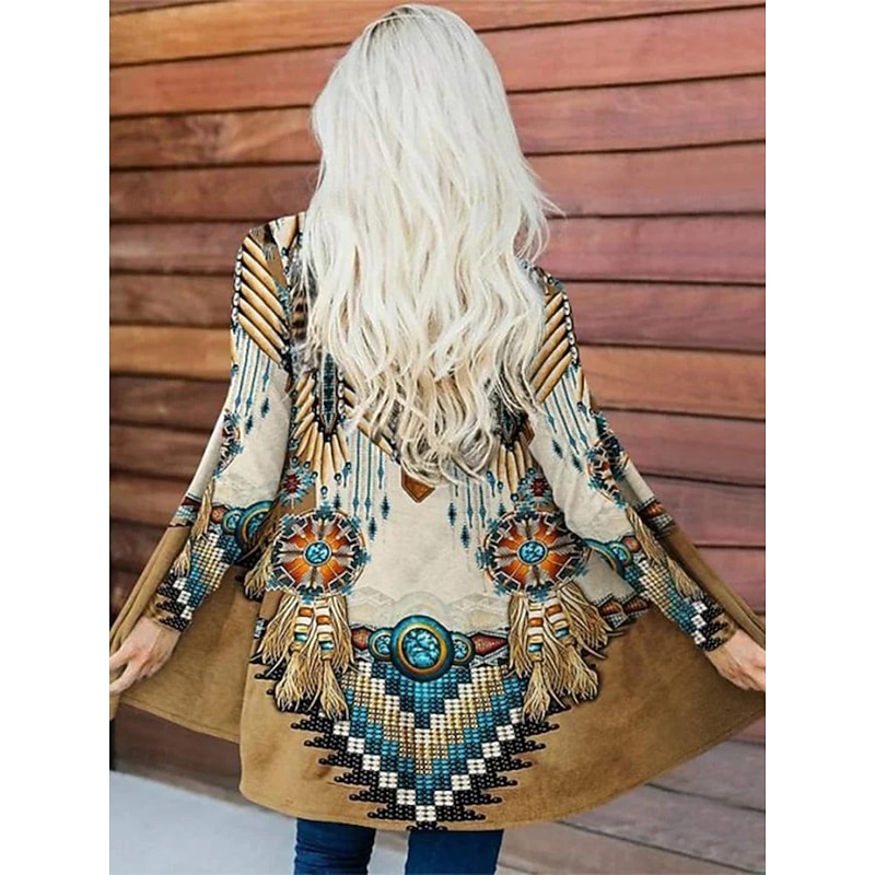 Women's Casual Jacket Warm Comfortable Irregular Hem Open Front Elegant Vintage Fashion Modern Floral Street Casual Athleisure Daily Long Collarless Regular Fit Long Sleeve Outerwear Black Brown2