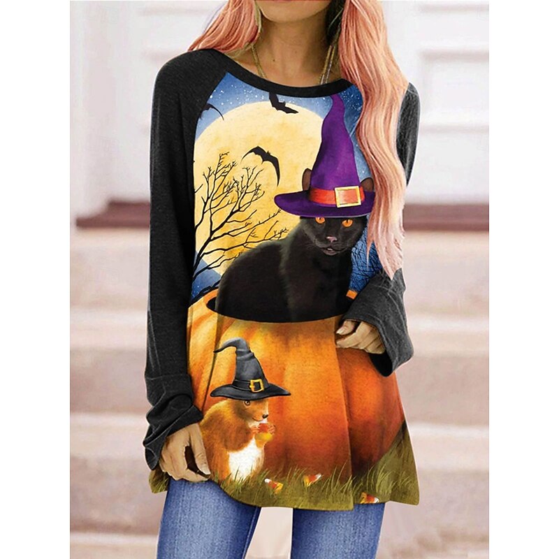 Halloween Women's T shirt Witch Graphic Animal Pumpkin Vintage Stylish Classic Long Sleeve Crew Neck Round Neck Regular Tops Daily Print Black Purple Orange Spring Fall