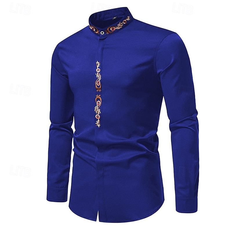 Men's Shirt Summer Shirt Casual Shirt Beach Shirt Button Up Shirt Black White Navy Blue Royal Blue Blue Long Sleeve Floral Band Collar Vacation Hawaiian Embroidery Clothing Apparel Polyester Fashion