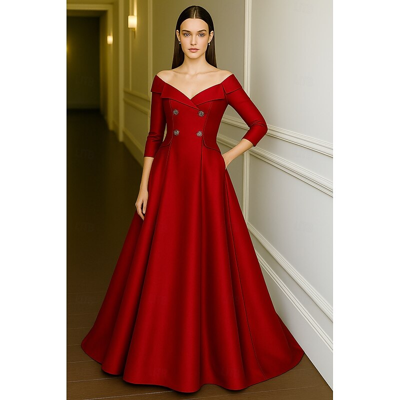 Tuxedo Dress A-Line Formal Wedding Wedding Guest Satin Elegant Silky 3/4 Sleeve Pleated Floor Length4