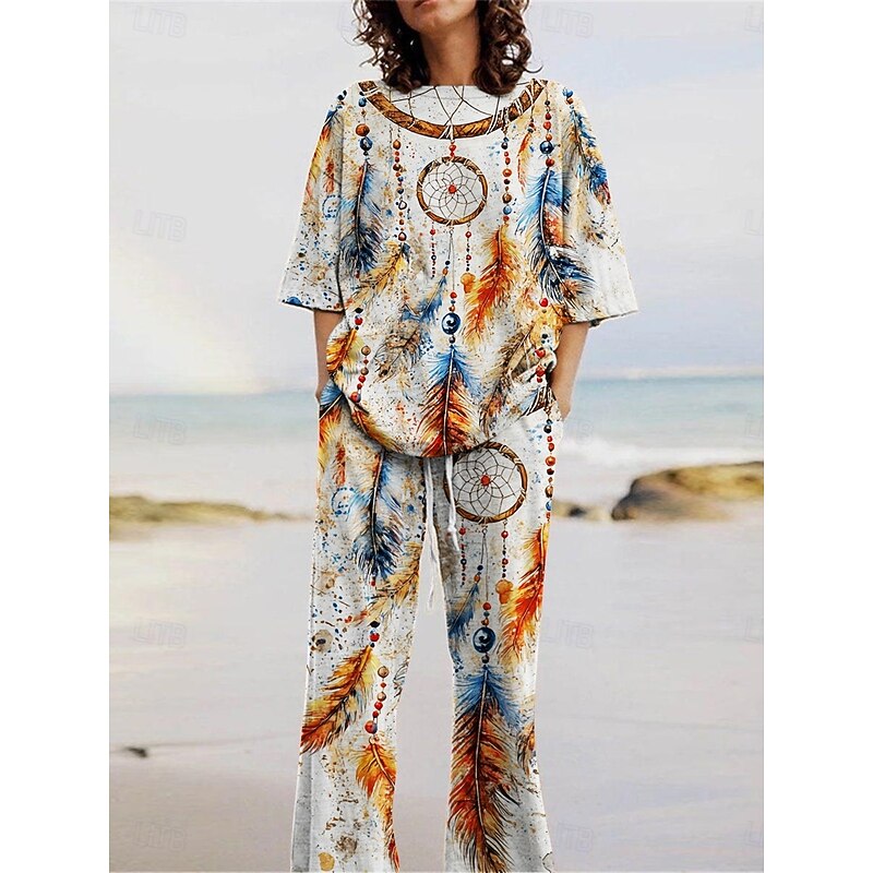 Women's Bohemia Vacation Pants Sets 3/4 Length Sleeve Crew Neck Graphic Print Vacation Daily Holiday Khaki Summer Regular Fit