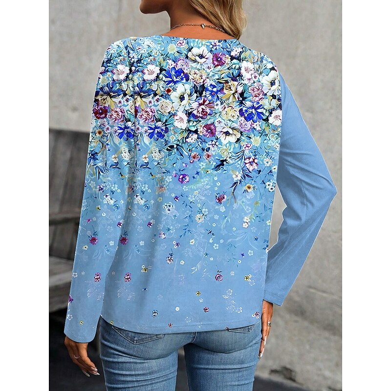 Women's T Shirt Floral Graphic Vintage Stylish Casual Long Sleeve Crew Neck Regular Tops Daily Patchwork Print Yellow Pink Blue Purple Green Fall Winter2