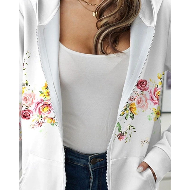 Women's Casual Jacket Hoodie Jacket Comfortable Zipper Pocket Print Fashion Flower Street Daily Casual Daily Weekend Zipper Regular Hooded Regular Fit Long Sleeve Outerwear White Fall Winter3