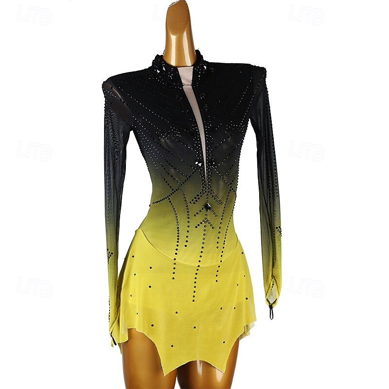 Figure Skating Dress Women's Girls' Ice Skating Dress Blue Black Yellow Patchwork Open Back Mesh Spandex High Elasticity Training Practice Professional Skating Wear Classic Crystal / Rhinestone Long2
