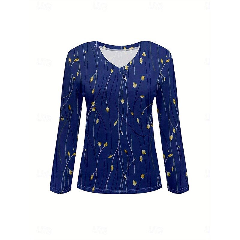 Women's T Shirt Floral Graphic Plants Vintage Stylish Classic Long Sleeve V Neck Regular Tops Daily Print Navy Blue Spring Fall Winter2