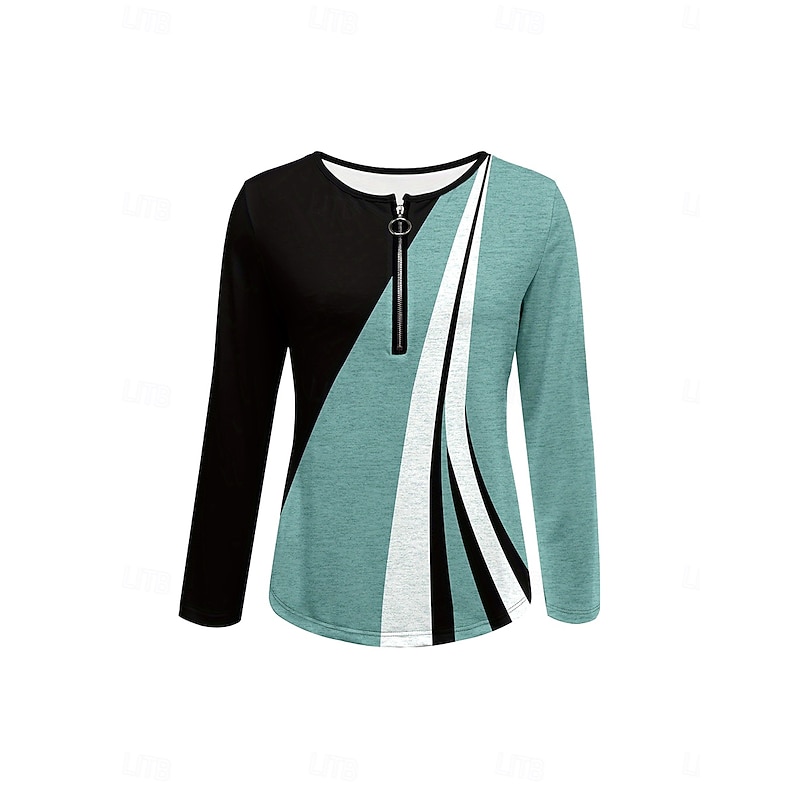 Women's T Shirt Graphic Geometric Abstract Elegant Vintage Stylish Long Sleeve Round Neck Notched Neck Regular Tops Daily Weekend Zipper Print Sage Green Spring Fall Winter2