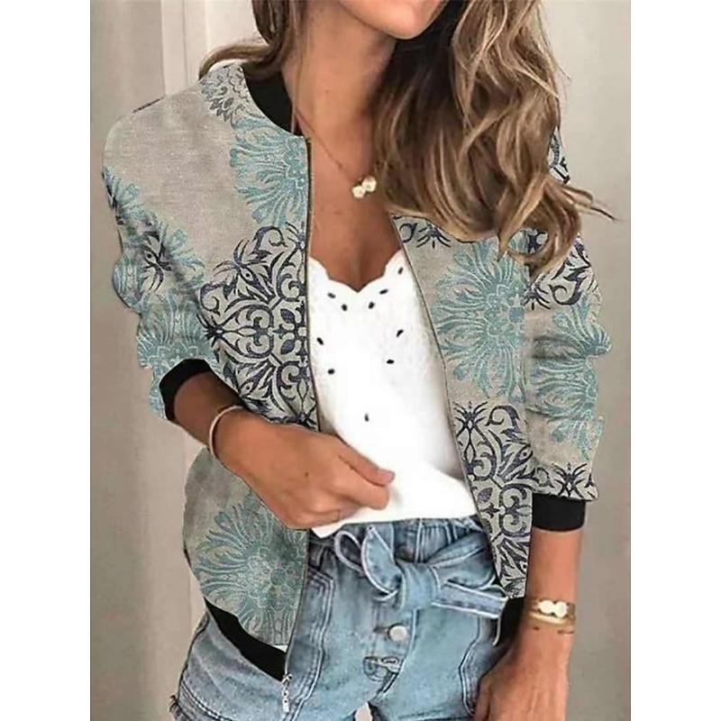 Women's Bomber Jacket Casual Jacket Comfortable Breathable Zipper Print Casual Floral Vacation Street Casual Daily Wear Zipper Short Stand Collar Regular Fit Long Sleeve Outerwear Black Green Rainbow