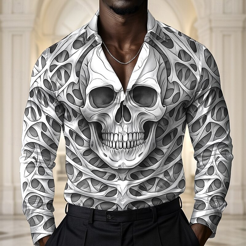 Men's Skull Halloween Costumes Shirt Satin Shirt Dress Shirt Long Sleeve Dark Gothic Style Holiday Summer Spring Fall Turndown 3D Print Button Up Shirts Blue Green Khaki Gray4