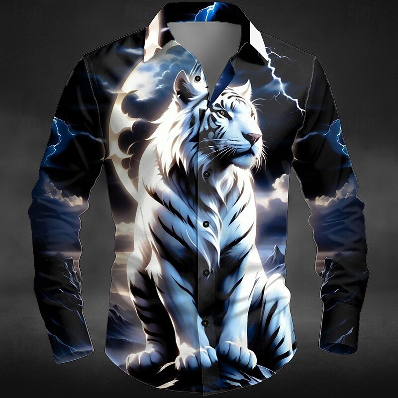 Halloween Men's Animal Tiger Lightning Shirt Button Up Shirt Long Sleeve Dark Outdoor Holiday Summer Spring Turndown 3D Print Collared Shirts Blue Purple Green