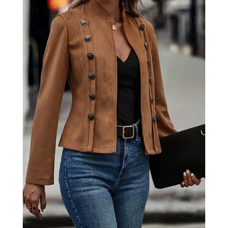 Women's Casual Jacket Comfortable Buttons Active Casual Plain Outdoor Street Holiday Daily Wear Double Breasted Regular Stand Collar Regular Fit Long Sleeve Outerwear Black Brown Fall3