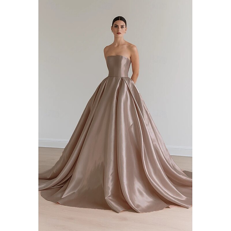 Stretch Satin Ball Gown Evening Gown Elegant Dress Formal Wedding Sweep / Brush Train Sleeveless Strapless with Pleats and Lace Up 20254