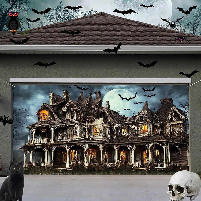 Halloween Garage Door Cover Large Hanging Backdrop Castle Dark Punk Gothic Style Party Outdoor Shooting Backgrounds Yard Haunted House Home Decor