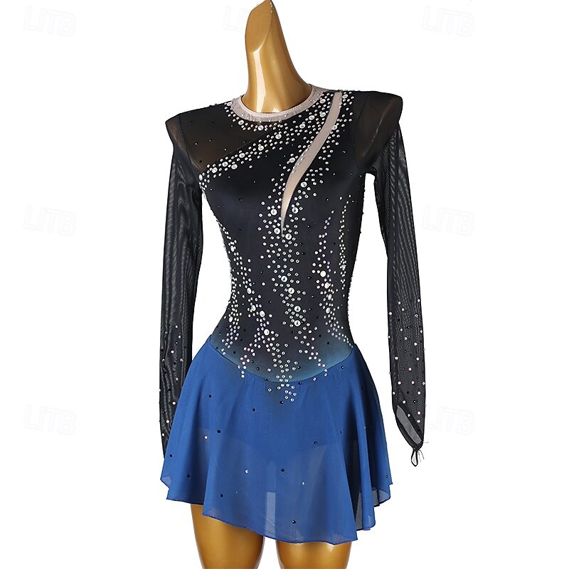 Figure Skating Dress Women's Girls' Ice Skating Dress Black+Red Blue Black Patchwork Open Back Mesh Spandex High Elasticity Training Practice Professional Skating Wear Classic Crystal / Rhinestone3