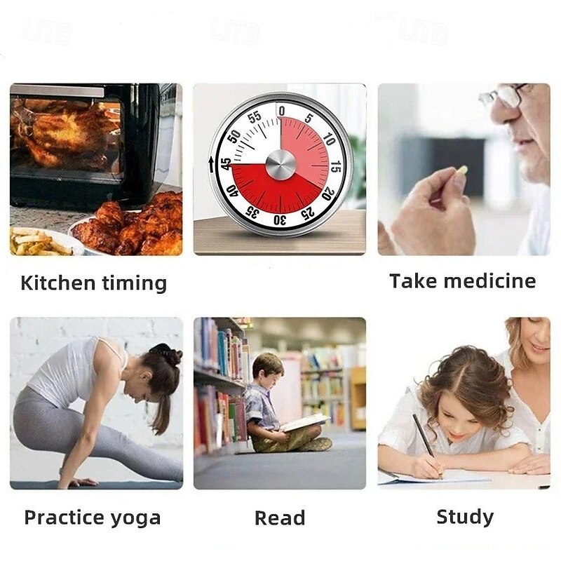 Magnetic Mechanical Manual Timer Stainless Steel Countdown Clock with Alarm Kitchen Baking Timer Student Time Management Tool Magnetic Backing Reminder for Cooking Study and Exercise3